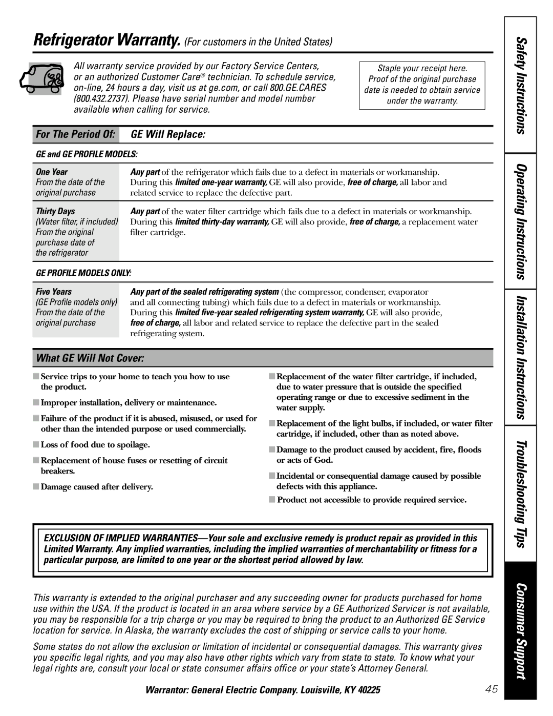 Mabe Canada 21, 25 installation instructions Instructions Troubleshooting, GE Will Replace, What GE Will Not Cover 