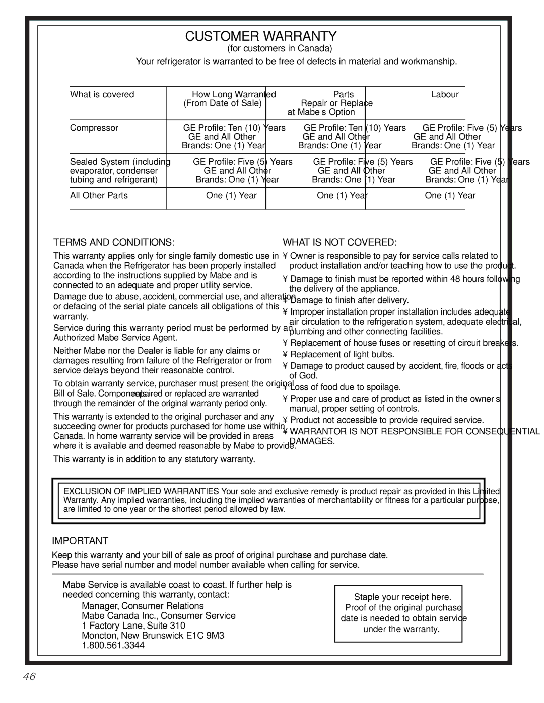 Mabe Canada 25, 21 installation instructions Customer Warranty 