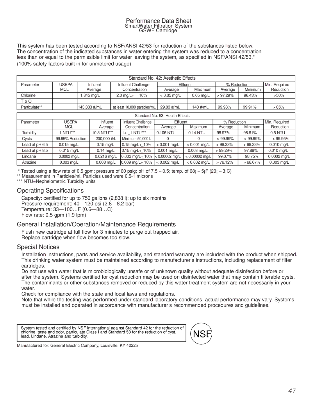 Mabe Canada 21 Performance Data Sheet, Operating Specifications, General Installation/Operation/Maintenance Requirements 