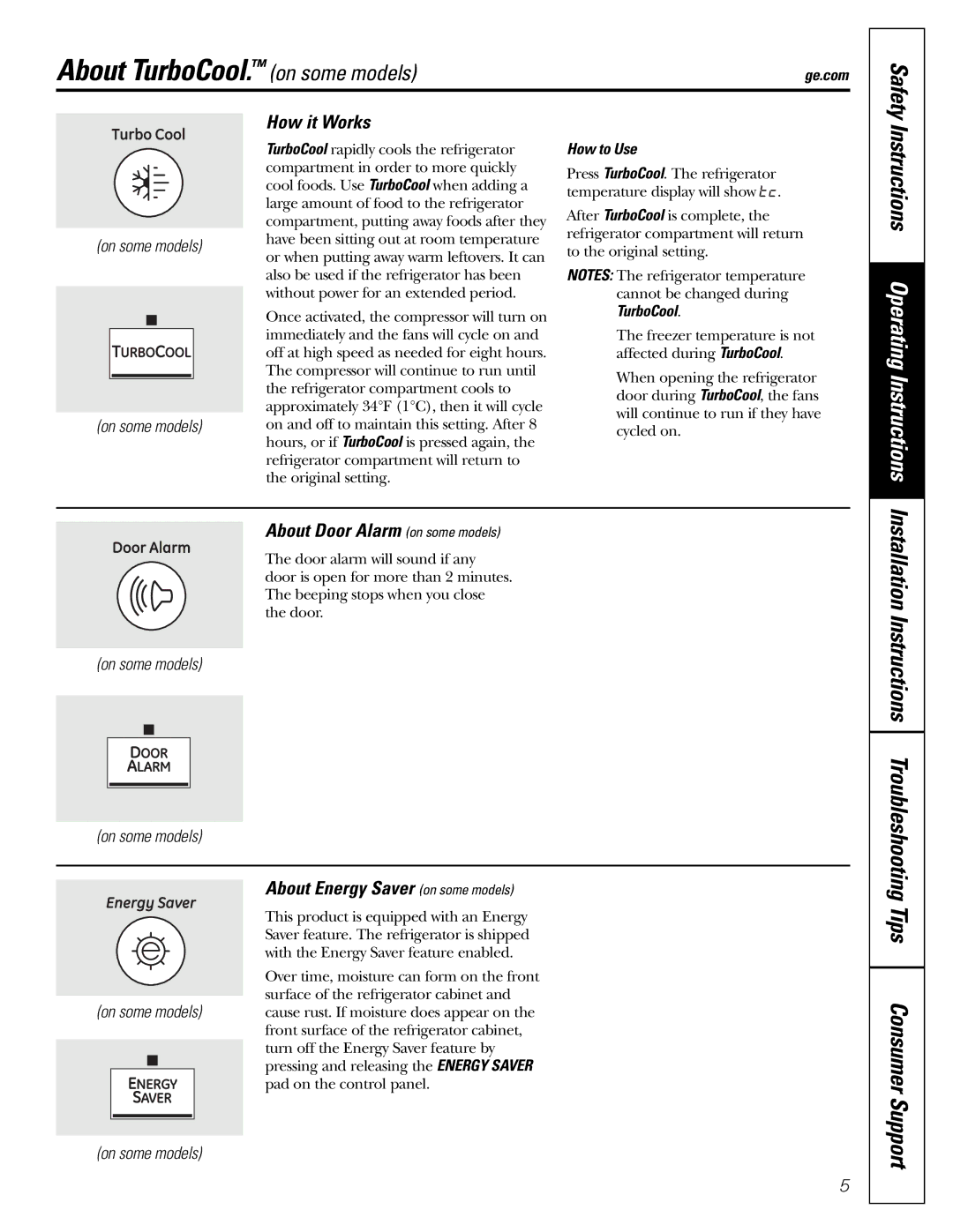 Mabe Canada 21, 25 About TurboCool. on some models, How it Works, About Door Alarm on some models, Safety 