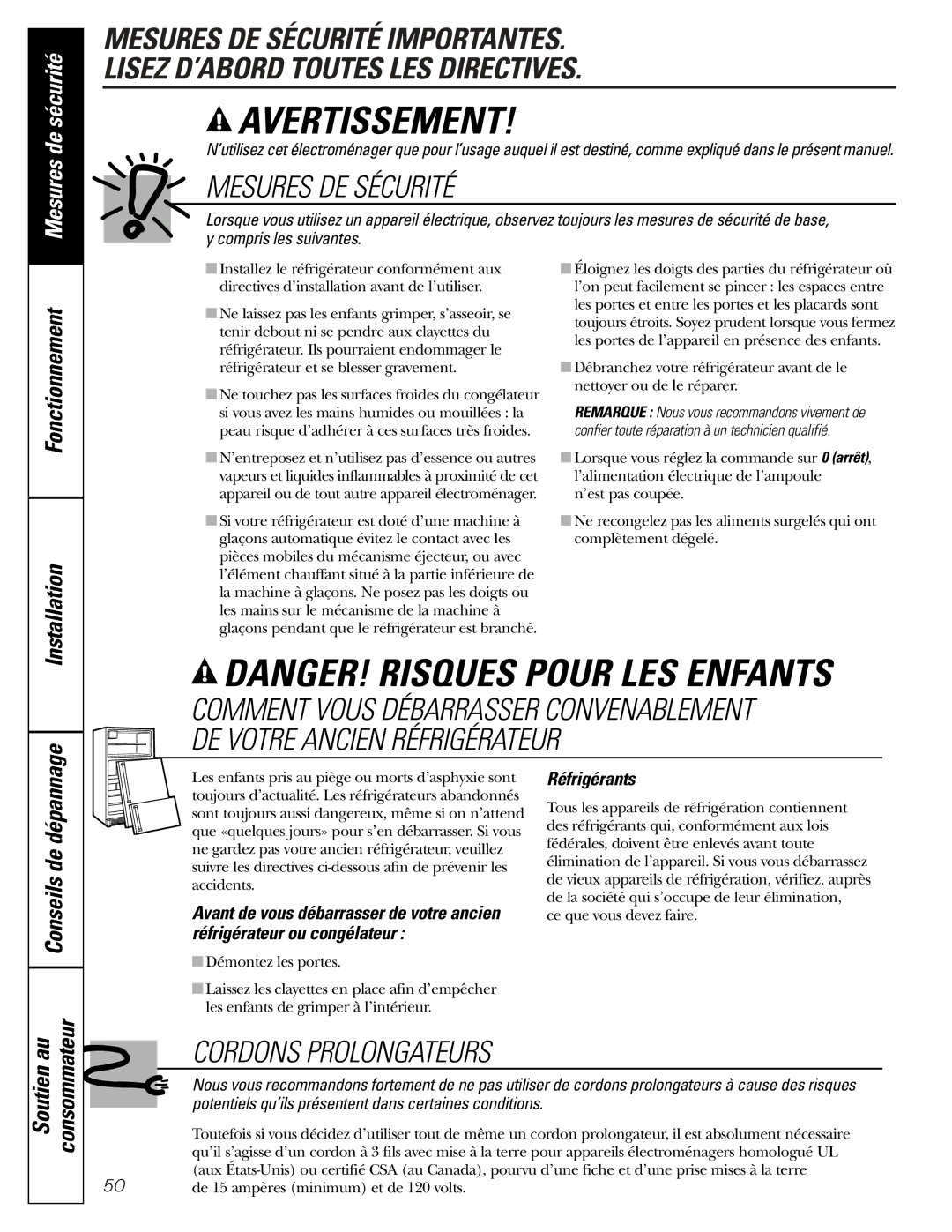 Mabe Canada 25, 21 installation instructions Fonctionnement Installation, Consommateur, Réfrigérants 