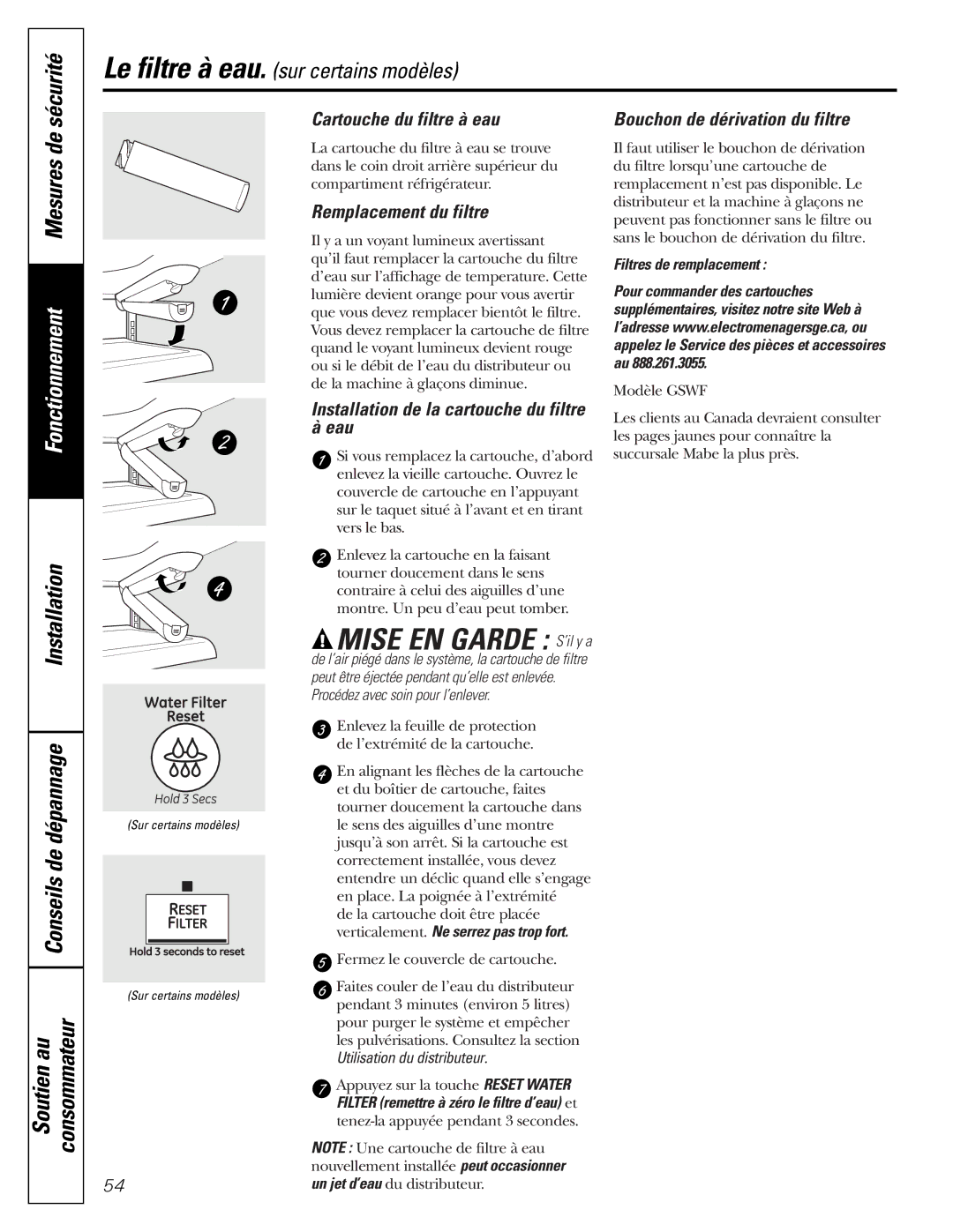 Mabe Canada 25, 21 Sécurité Le filtre à eau, Mesures de, Cartouche du filtre à eau, Remplacement du filtre 