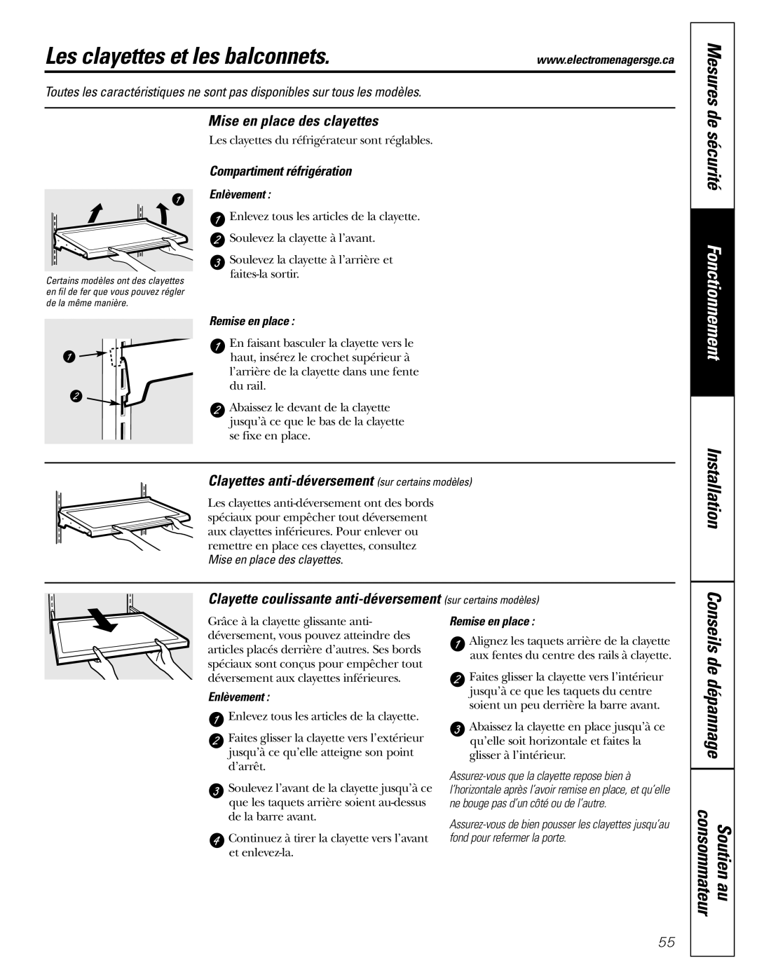 Mabe Canada 21, 25 Les clayettes et les balconnets, Mise en place des clayettes, Compartiment réfrigération 