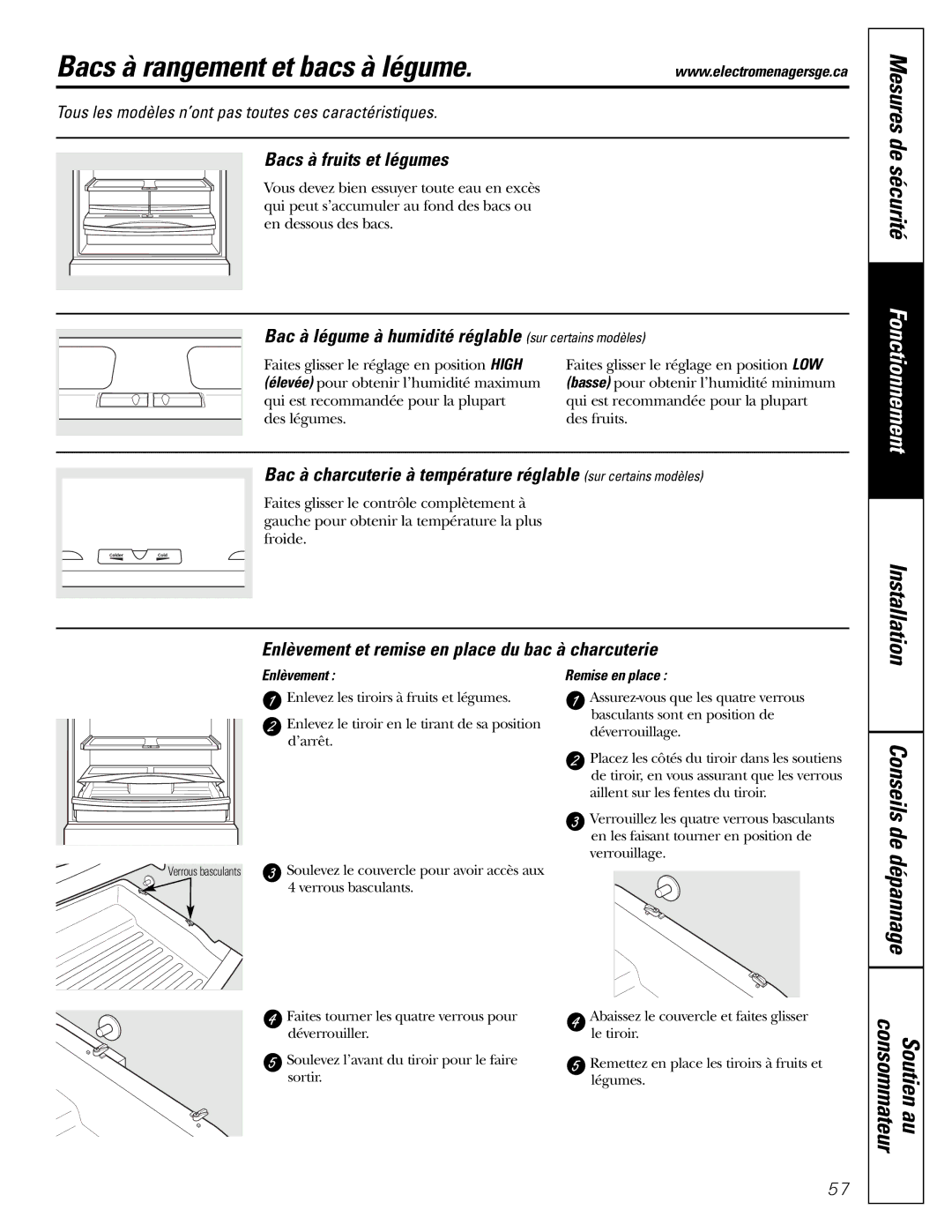 Mabe Canada 21, 25 Bacs à rangement et bacs à légume, Conseils de dépannage Consommateur Soutien au, Installation 