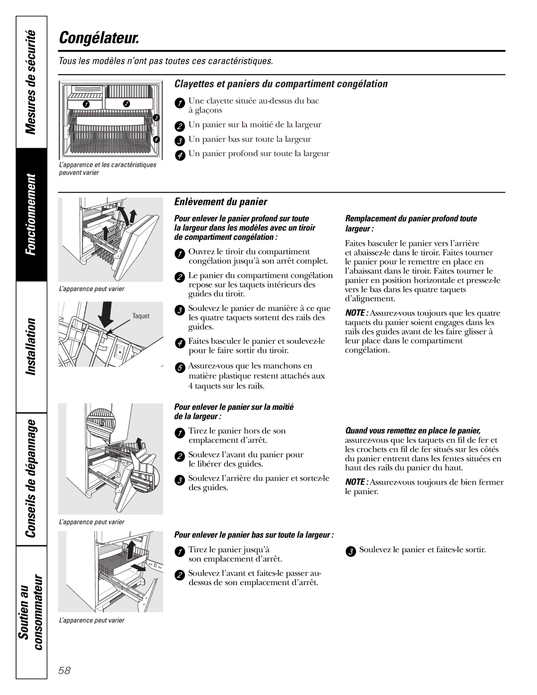 Mabe Canada 25, 21 Congélateur, Installation Conseils de dépannage, Clayettes et paniers du compartiment congélation 