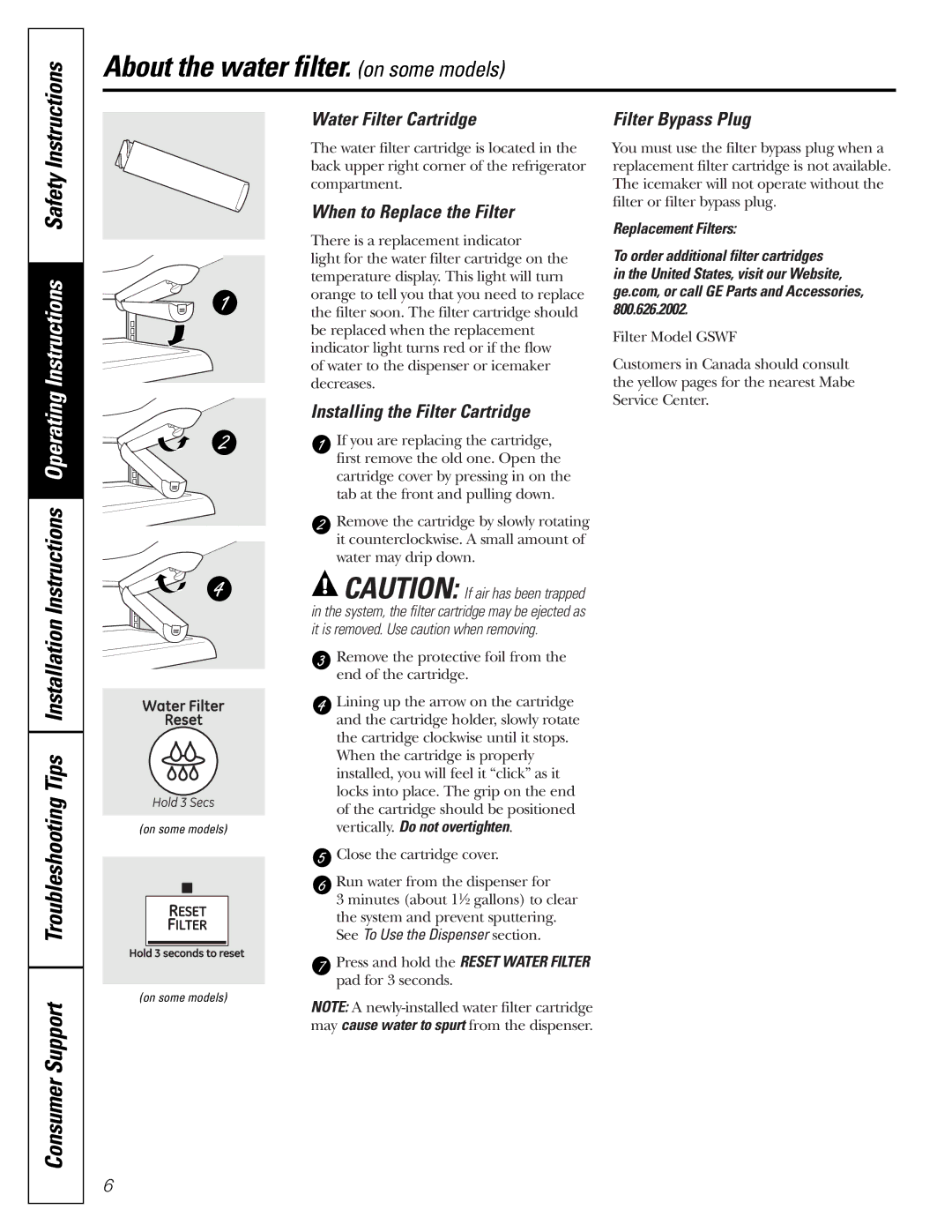 Mabe Canada 25, 21 About the water filter. on some models, Installation Instructions Tips, Consumer Support 