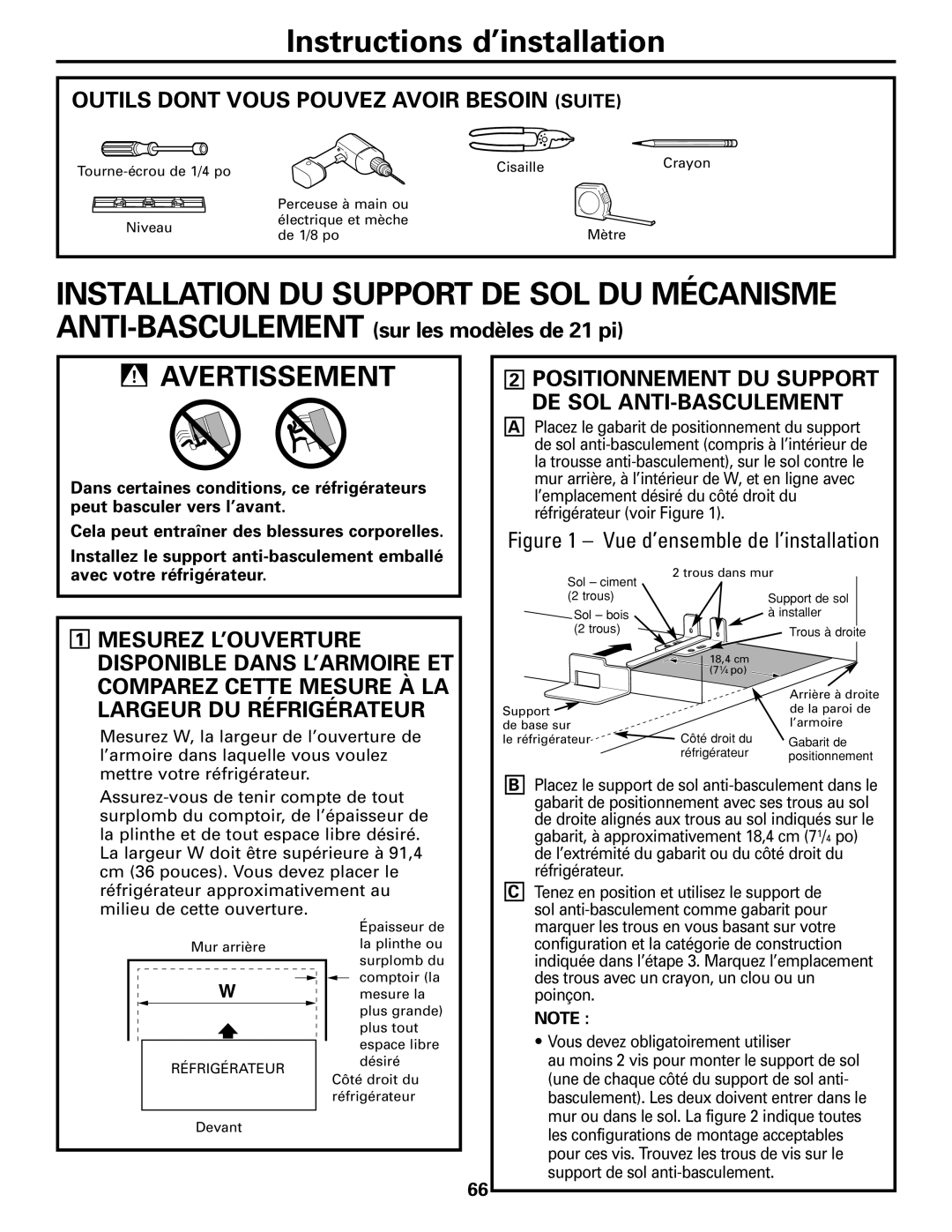 Mabe Canada 25, 21 Outils Dont Vous Pouvez Avoir Besoin Suite, Positionnement DU Support DE SOL ANTI-BASCULEMENT 