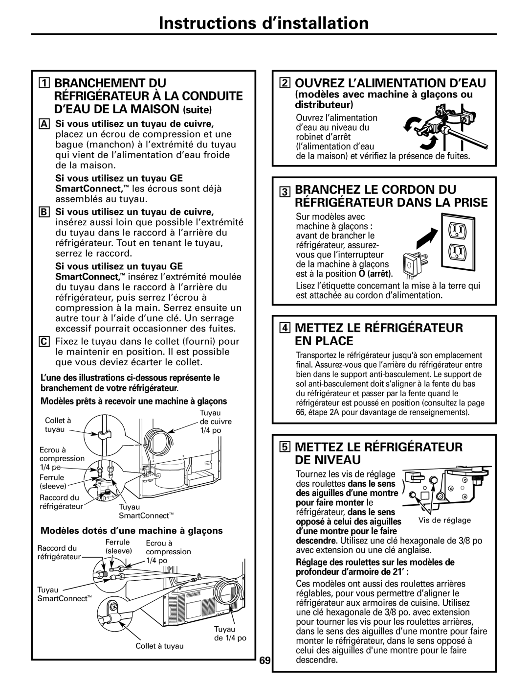 Mabe Canada 21, 25 Ouvrez L’ALIMENTATION D’EAU, Mettez LE Réfrigérateur EN Place, Mettez LE Réfrigérateur DE Niveau 