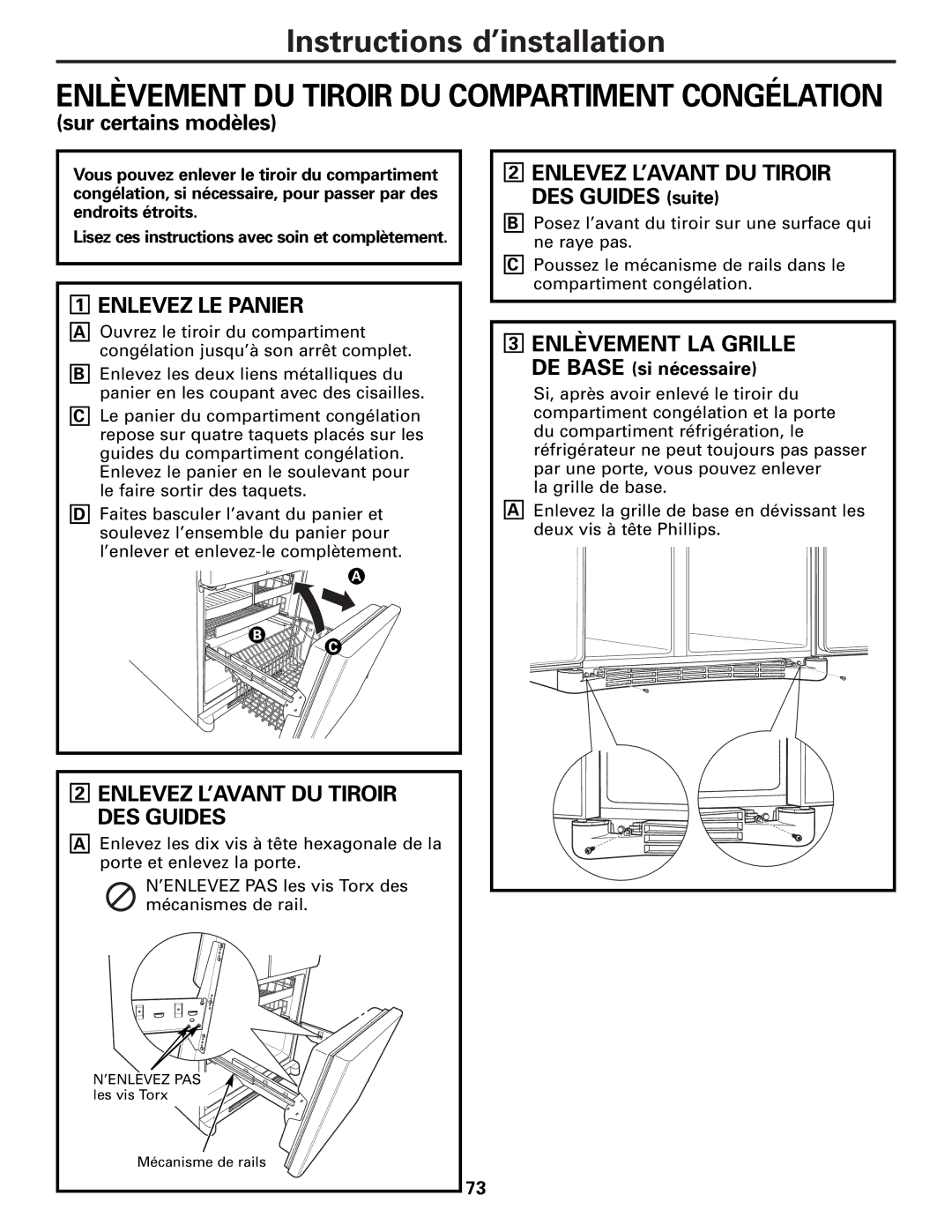 Mabe Canada 21, 25 installation instructions Sur certains modèles, Enlevez LE Panier, Enlevez L’AVANT DU Tiroir DES Guides 