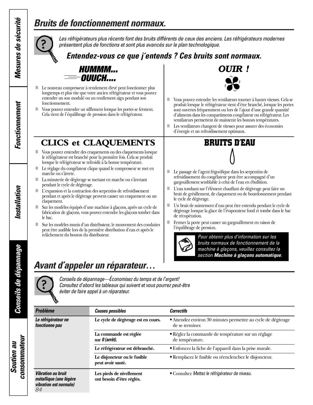 Mabe Canada 25, 21 Bruits de fonctionnement normaux, Mesures de sécurité Fonctionnement Installation, Problème 