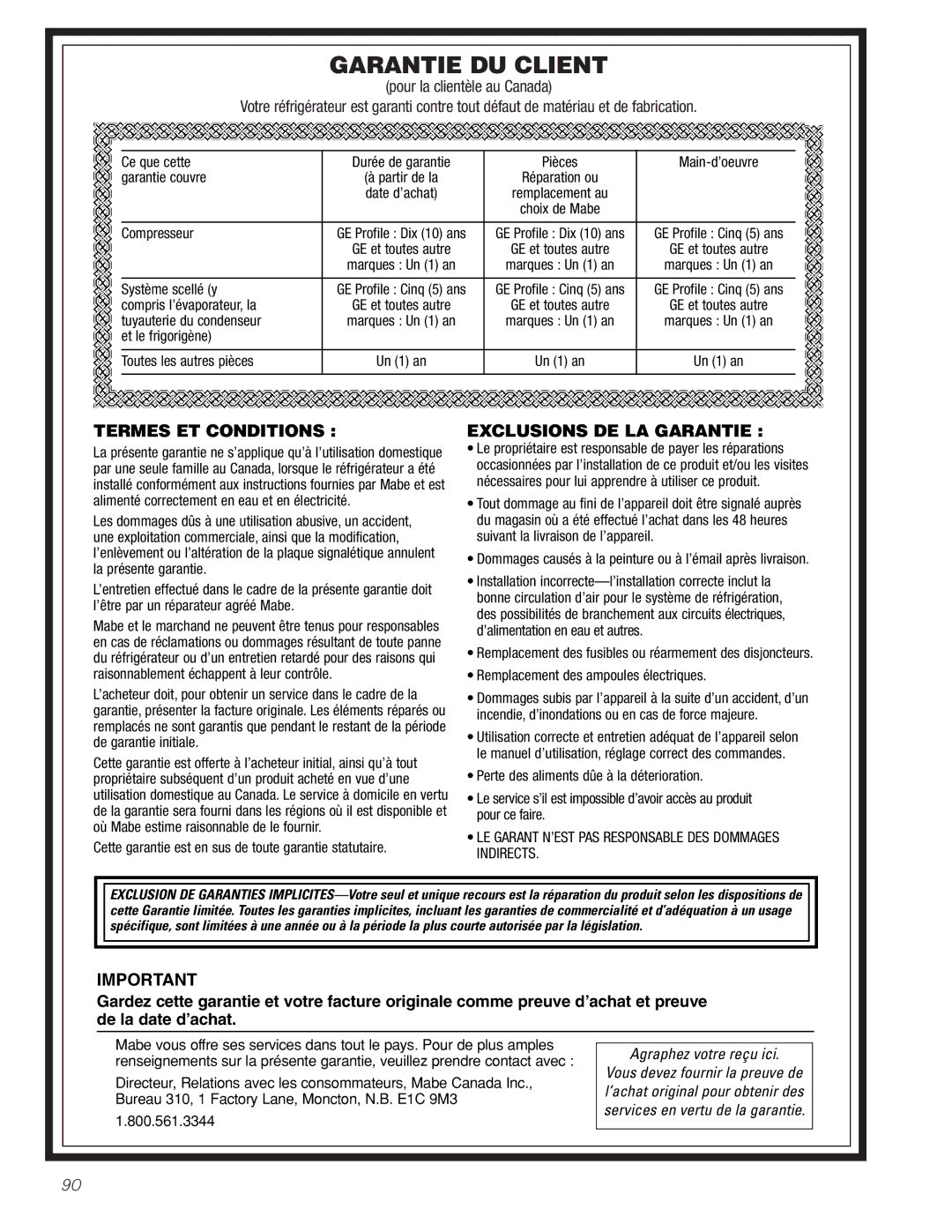 Mabe Canada 25, 21 installation instructions Garantie DU Client 