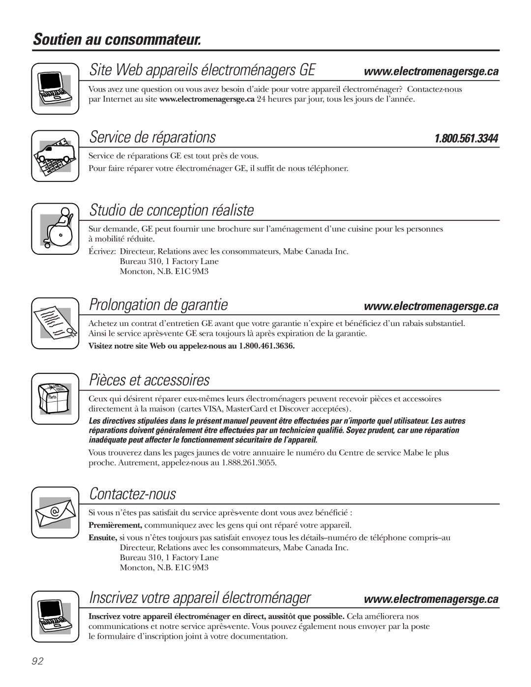 Mabe Canada 25, 21 installation instructions Soutien au consommateur, Service de réparations, Prolongation de garantie 