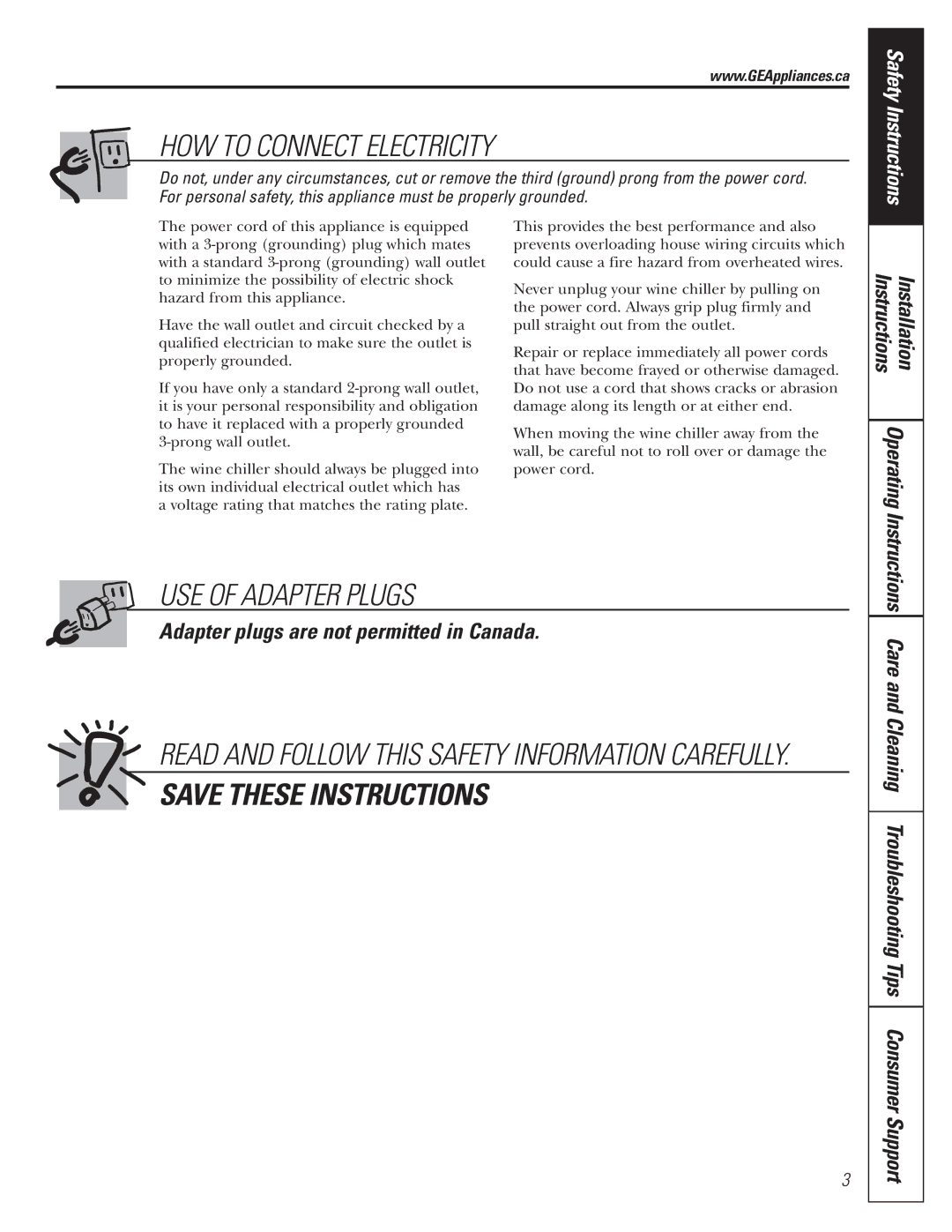 Mabe Canada GWS04 installation instructions HOW to Connect Electricity, Adapter plugs are not permitted in Canada 