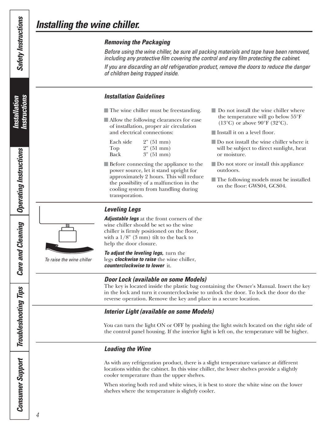 Mabe Canada GWS04 installation instructions Installing the wine chiller, Safety Instructions 