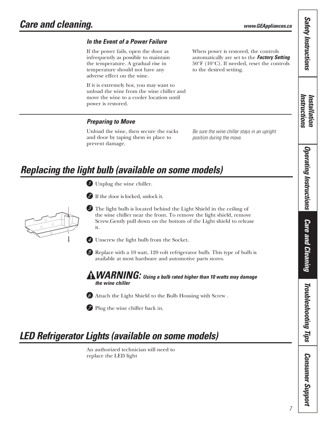 Mabe Canada GWS04 Replacing the light bulb available on some models, LED Refrigerator Lights available on some models 