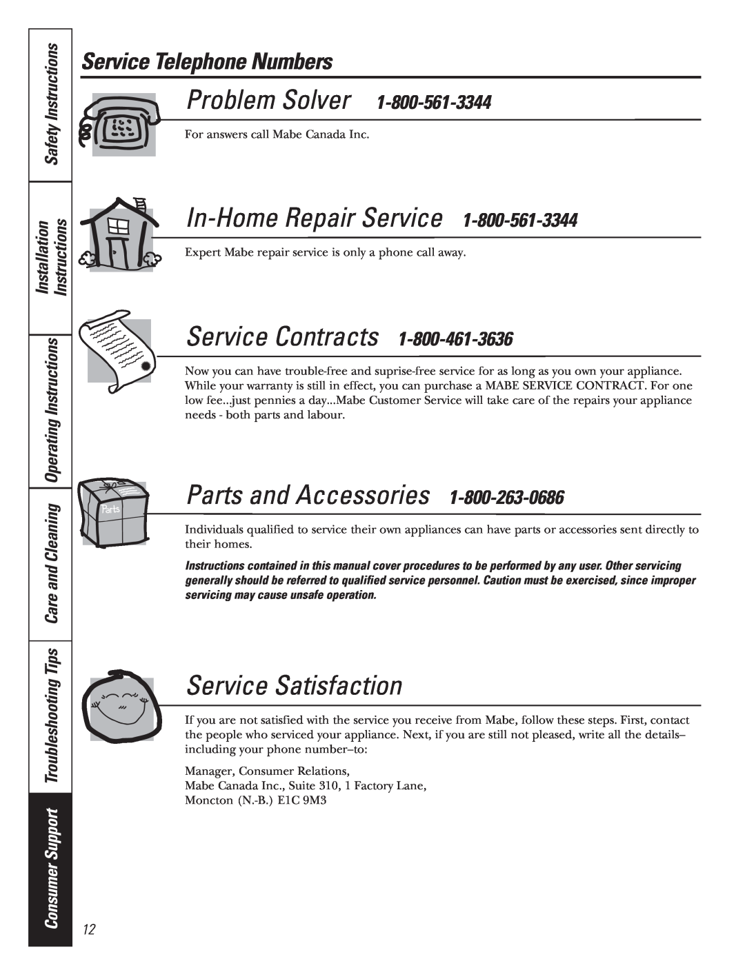Mabe Canada GWS04 Service Telephone Numbers, Problem Solver, In-Home Repair Service, Service Contracts, Installation 