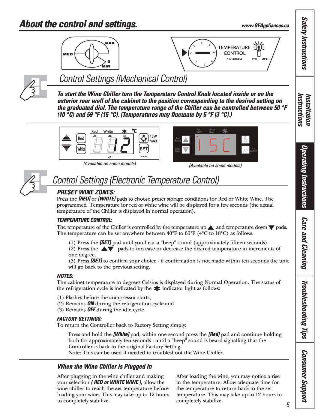 Mabe Canada GWS04 About the control and settings, Control Settings Electronic Temperature Control, Support, Instructions 