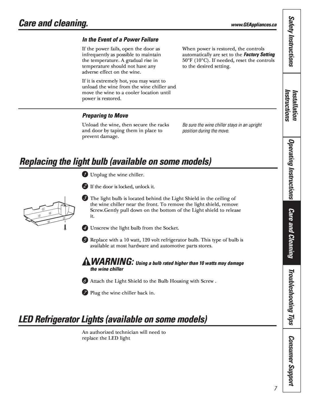 Mabe Canada GWS04 Replacing the light bulb available on some models, LED Refrigerator Lights available on some models 