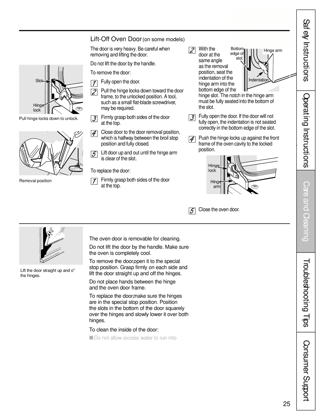 Mabe Canada JCBS640, JCBS630, JCBP620, JCBS280, JCBP630 Ning Troubleshooting Tips, Lift-Off Oven Door on some models Safety 