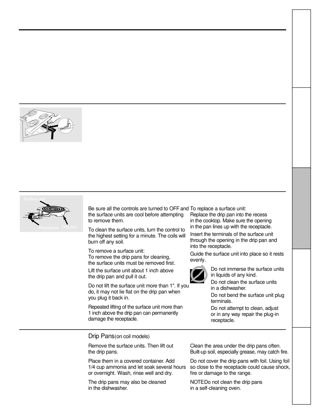 Mabe Canada JCBS630 Cleaning Troubleshooting Tips, Porcelain Enamel Cooktopon radiant models, To remove a surface unit 