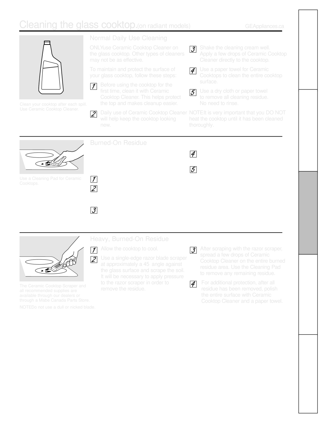 Mabe Canada JCBS280 manual Cleaning the glass cooktop. on radiant models, Instructions Operating, Normal Daily Use Cleaning 