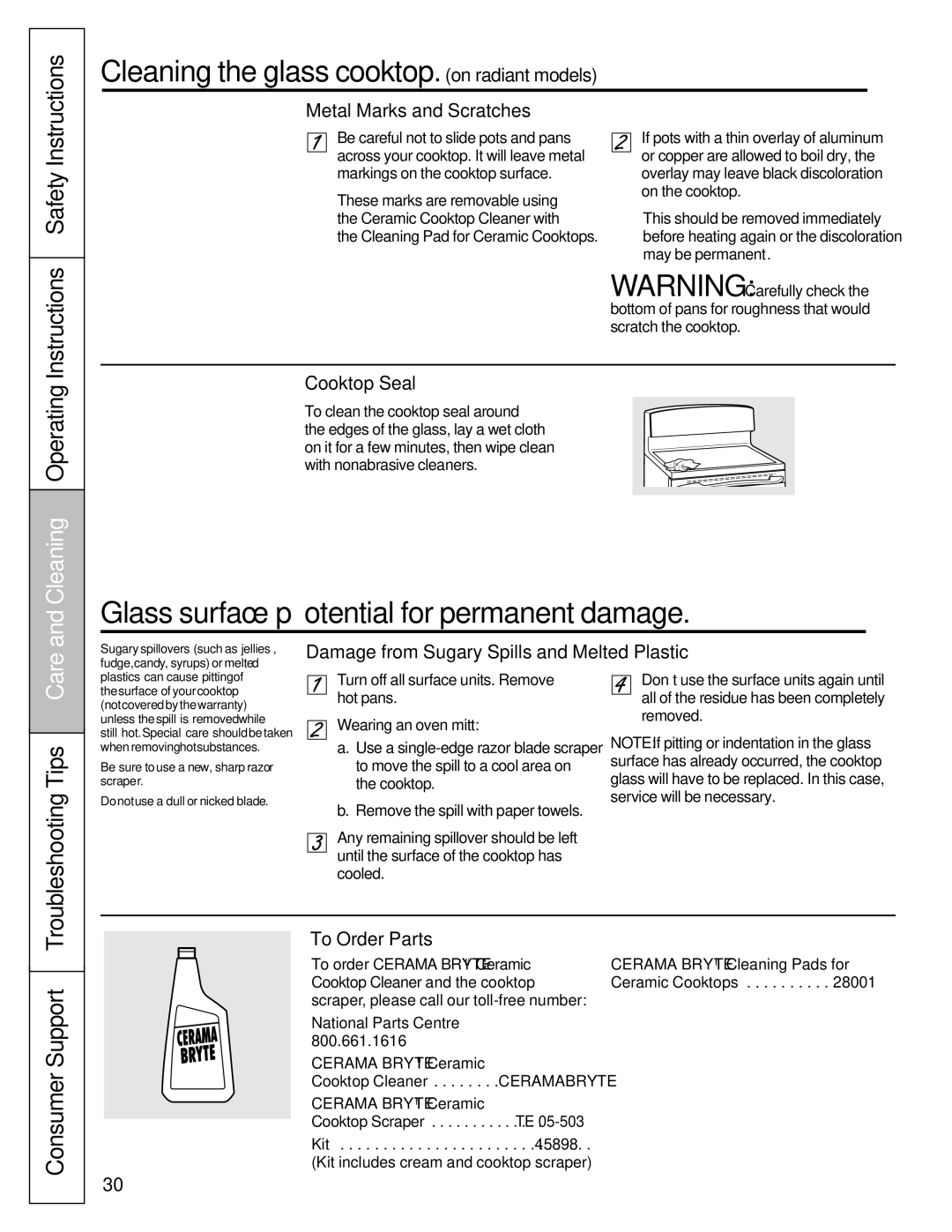 Mabe Canada JCBP630, JCBS630, JCBP620 Cleaningtheglasscooktop. on radiant models, Glasssurface potentialforpermanentdamage 