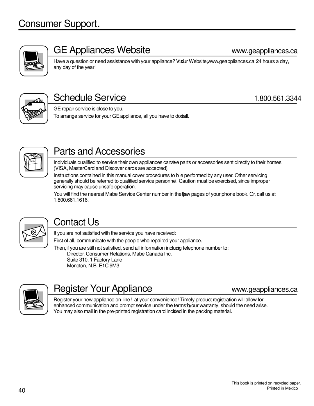 Mabe Canada JCBP250, JCBS630, JCBP620 manual Consumer Support GE Appliances Website Schedule Service, Register Your Appliance 