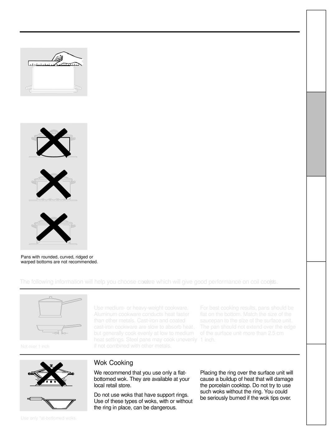 Mabe Canada JCBS640, JCBS630 Selecting types of cookware, Safety, Instructions Care and Cleaning, Instructions Operating 