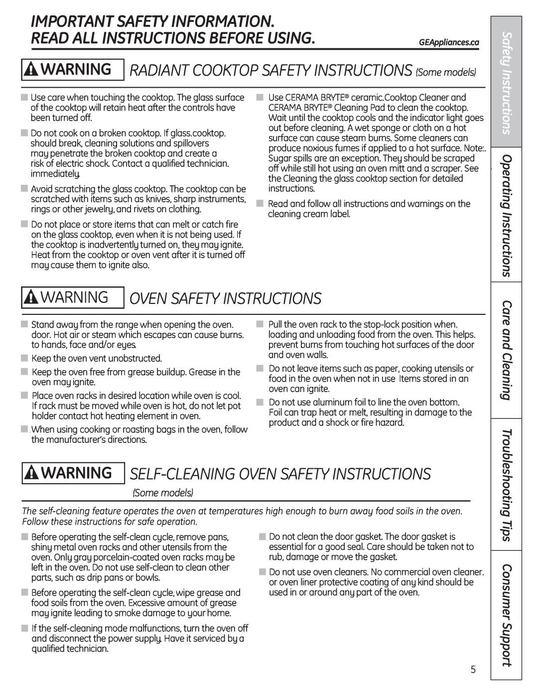 Mabe Canada JCBP240 Important Safety Information, Read All Instructions Before Using, Warning Oven Safety Instructions 
