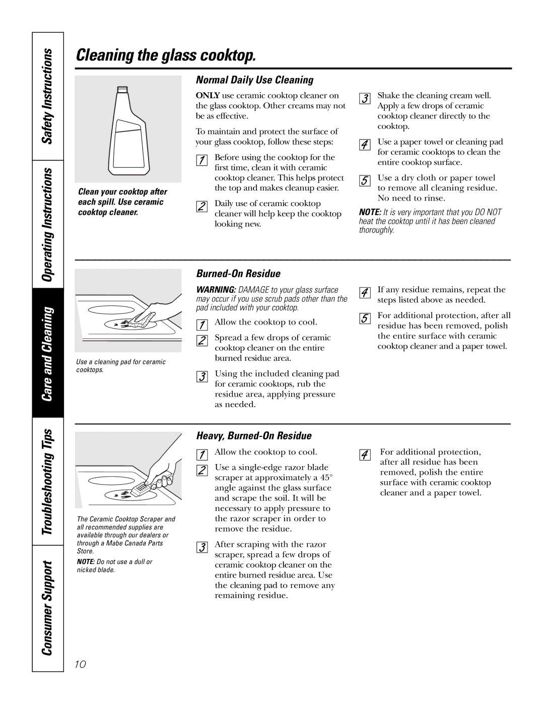 Mabe Canada JCP346 Cleaning the glass cooktop, Consumer Support Troubleshooting Tips, Normal Daily Use Cleaning 