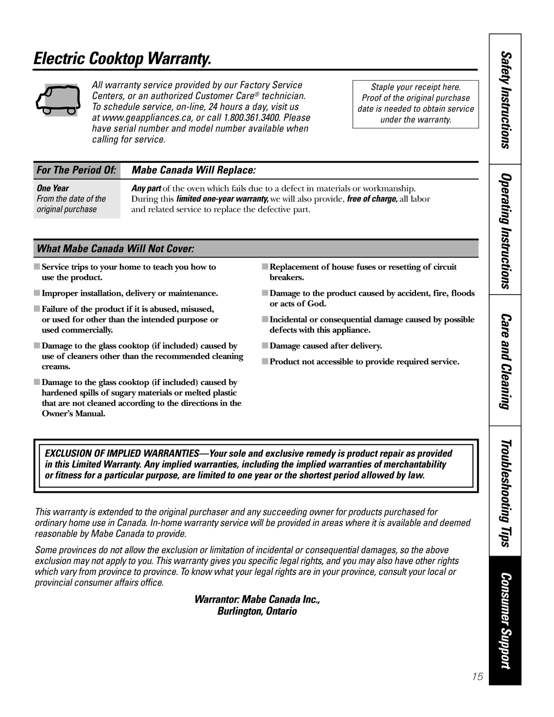 Mabe Canada JCP346 Electric Cooktop Warranty, Care and Cleaning, Mabe Canada Will Replace, What Mabe Canada Will Not Cover 