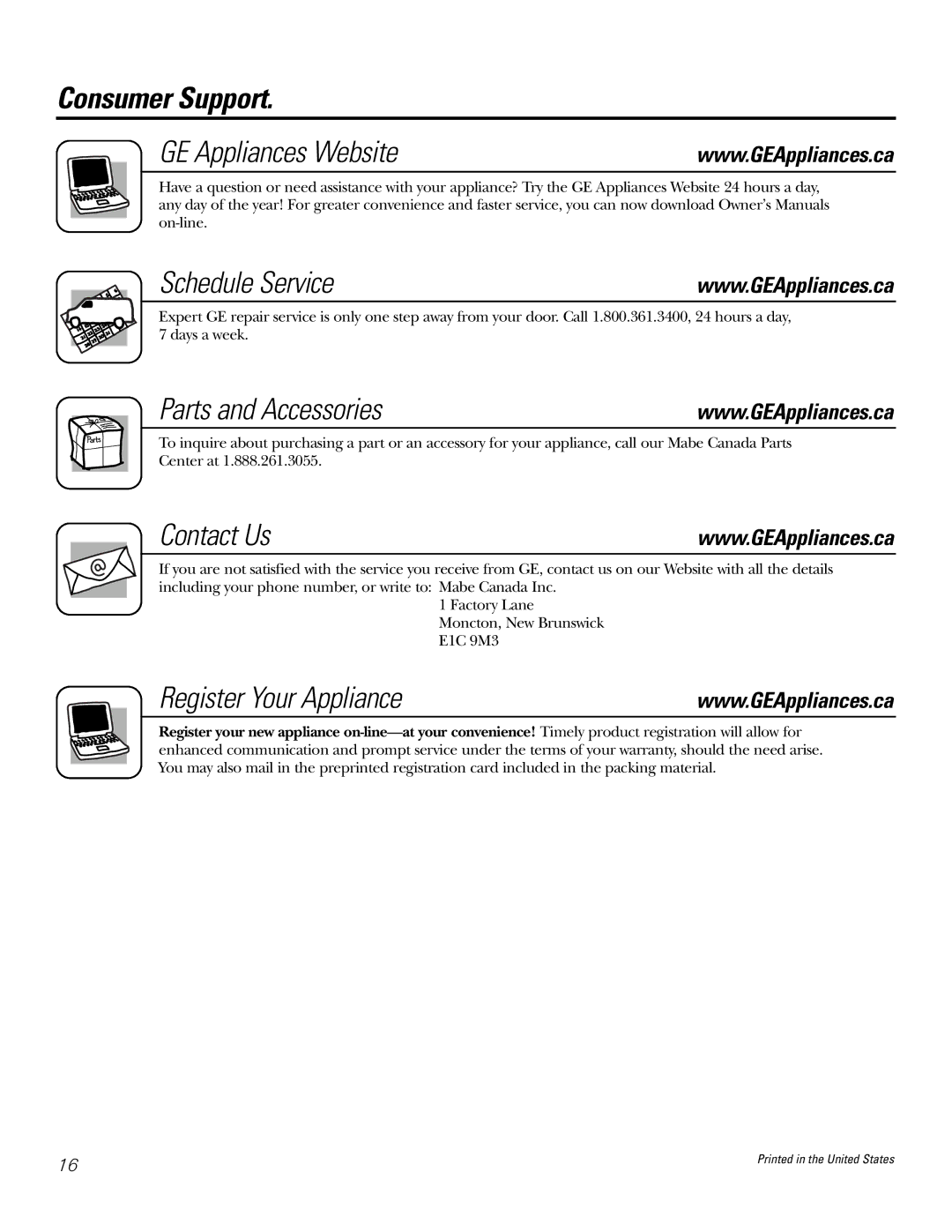 Mabe Canada JCP346 owner manual Consumer Support GE Appliances Website Schedule Service, Parts and Accessories, Contact Us 