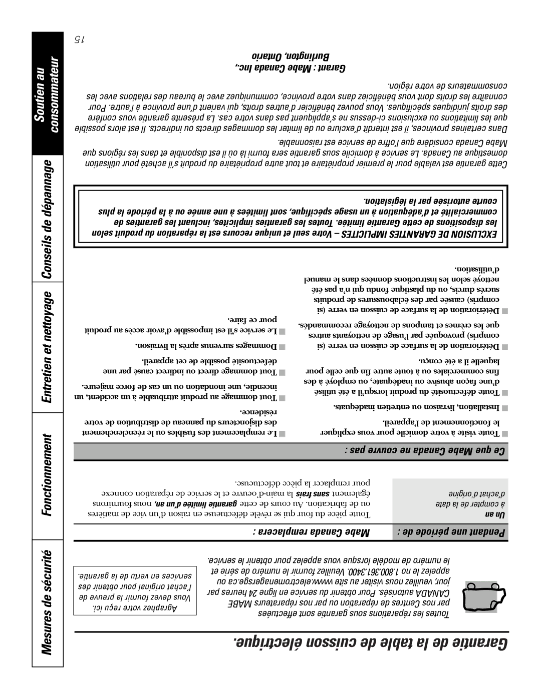 Mabe Canada JCP346 owner manual Électrique cuisson de table la de Garantie, Mesures de sécurité, Remplacera Canada Mabe 