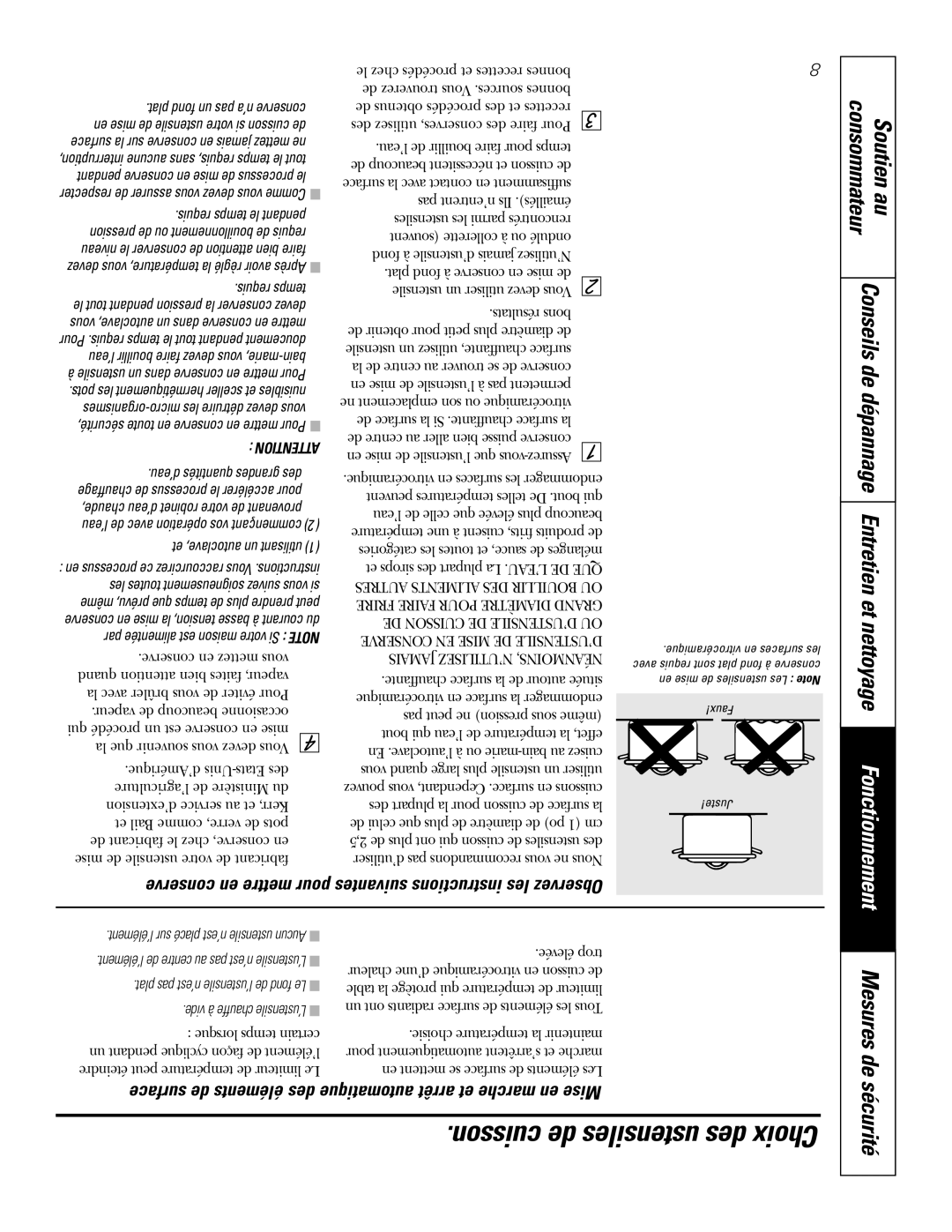 Mabe Canada JCP346 owner manual Cuisson de ustensiles des Choix, Conseils de dépannage Entretien et nettoyage 