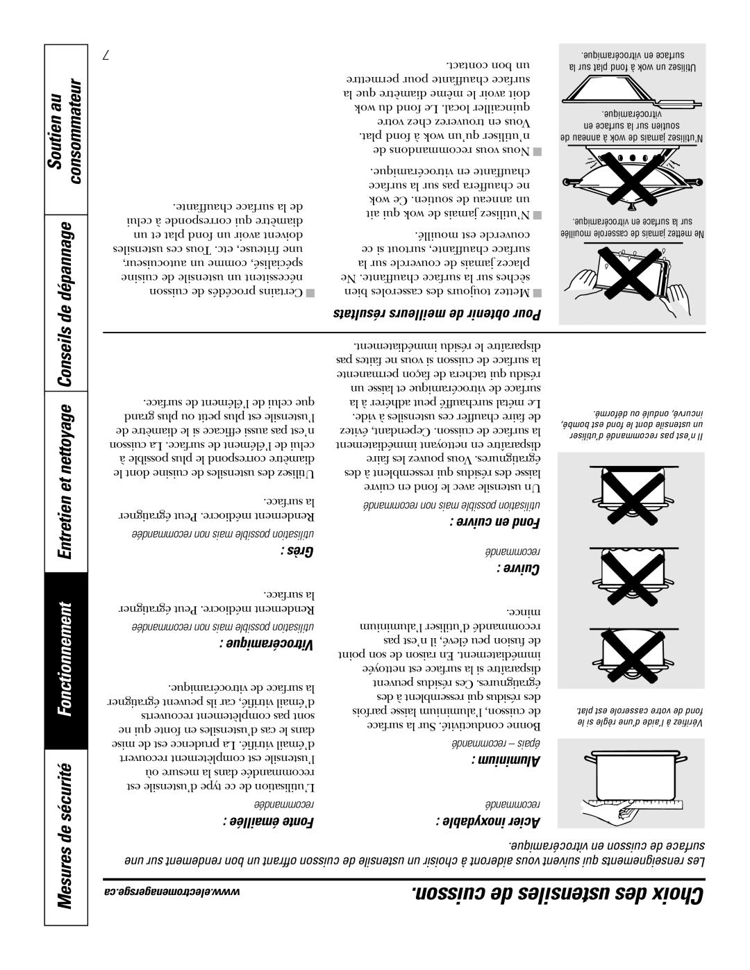 Mabe Canada JCP346 owner manual Fonctionnement, Cuisson de ustensiles des Choix, De sécurité, Mesures 