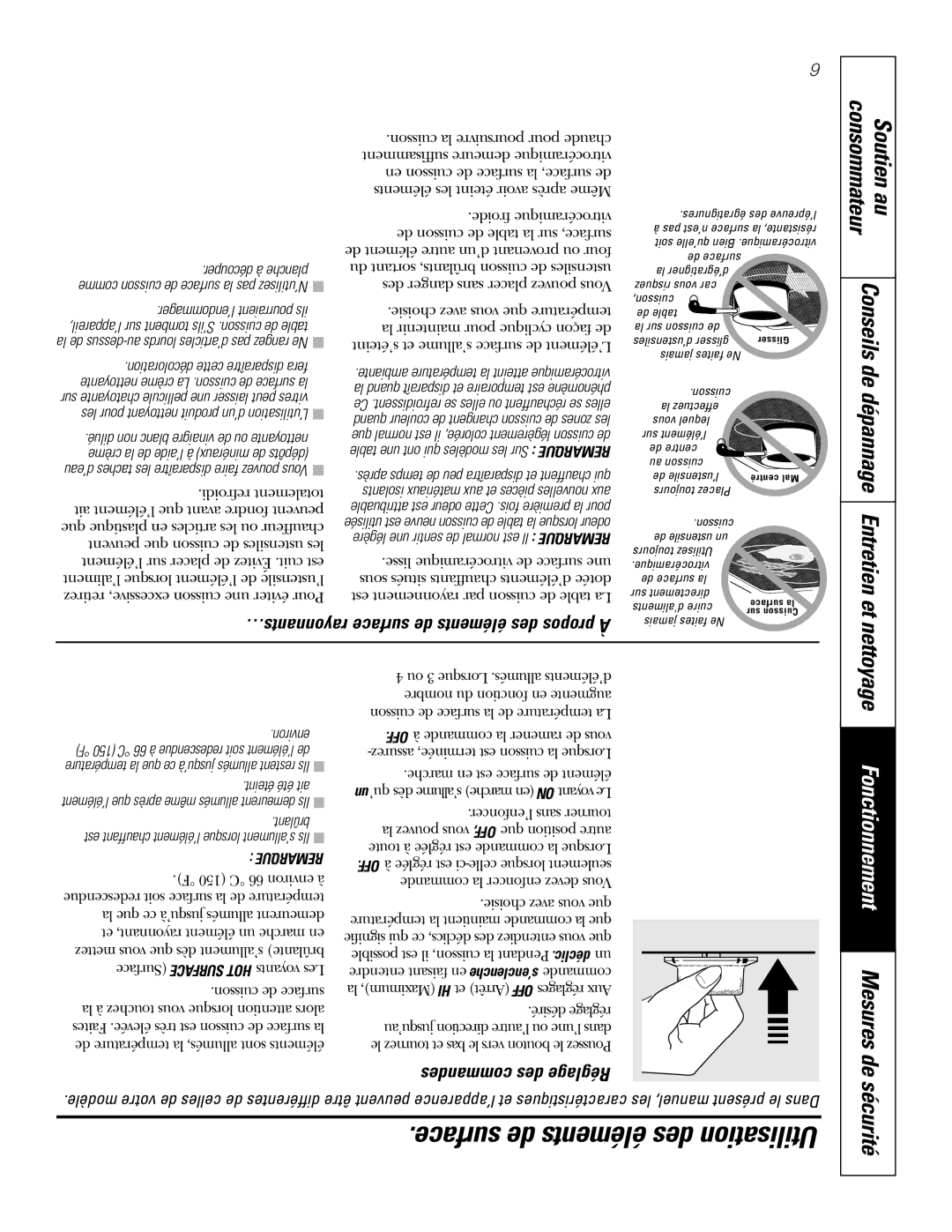 Mabe Canada JCP346 owner manual Surface de éléments des Utilisation, Nettoyage, Mesures de, Sécurité, Entretien et 