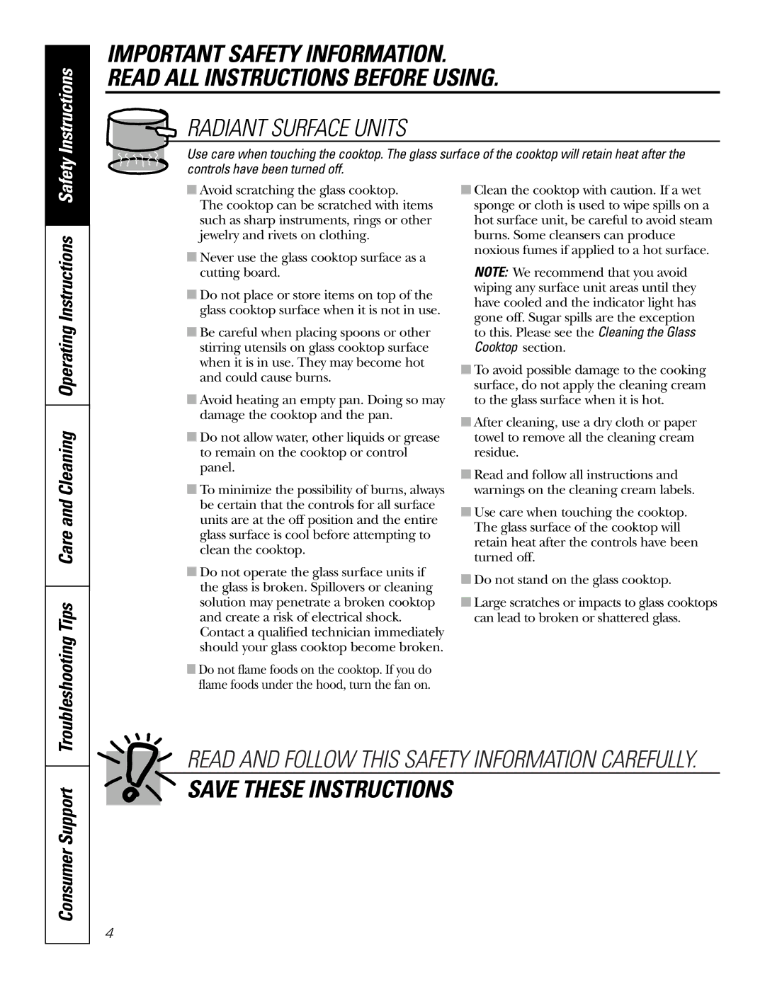 Mabe Canada JCP346 owner manual Radiant Surface Units, Consumer Support 