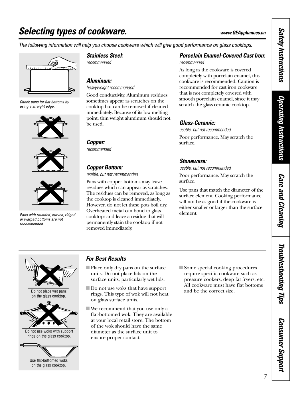 Mabe Canada JCP346 Selecting types of cookware, Safety, Instructions Operating Instructions Care and Cleaning, Support 