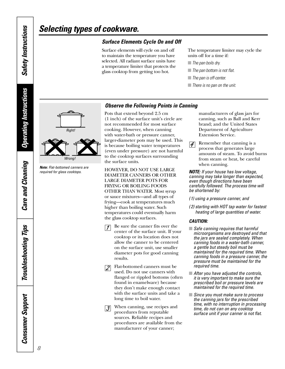 Mabe Canada JCP346 owner manual Observe the Following Points in Canning, Surface Elements Cycle On and Off 