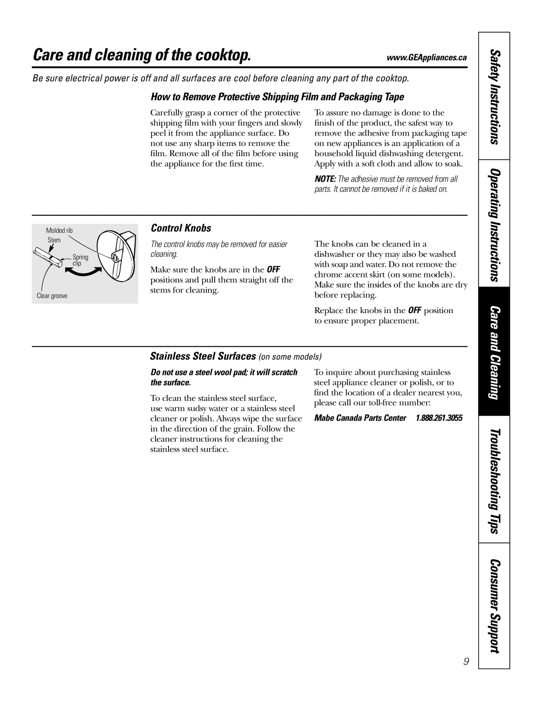 Mabe Canada JCP346 owner manual Care and cleaning of the cooktop, Instructions Care 