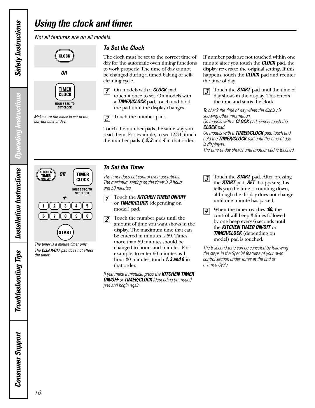 Mabe Canada JGBP86 Using the clock and timer, Consumer Support Troubleshooting Tips Installation, To Set the Clock 