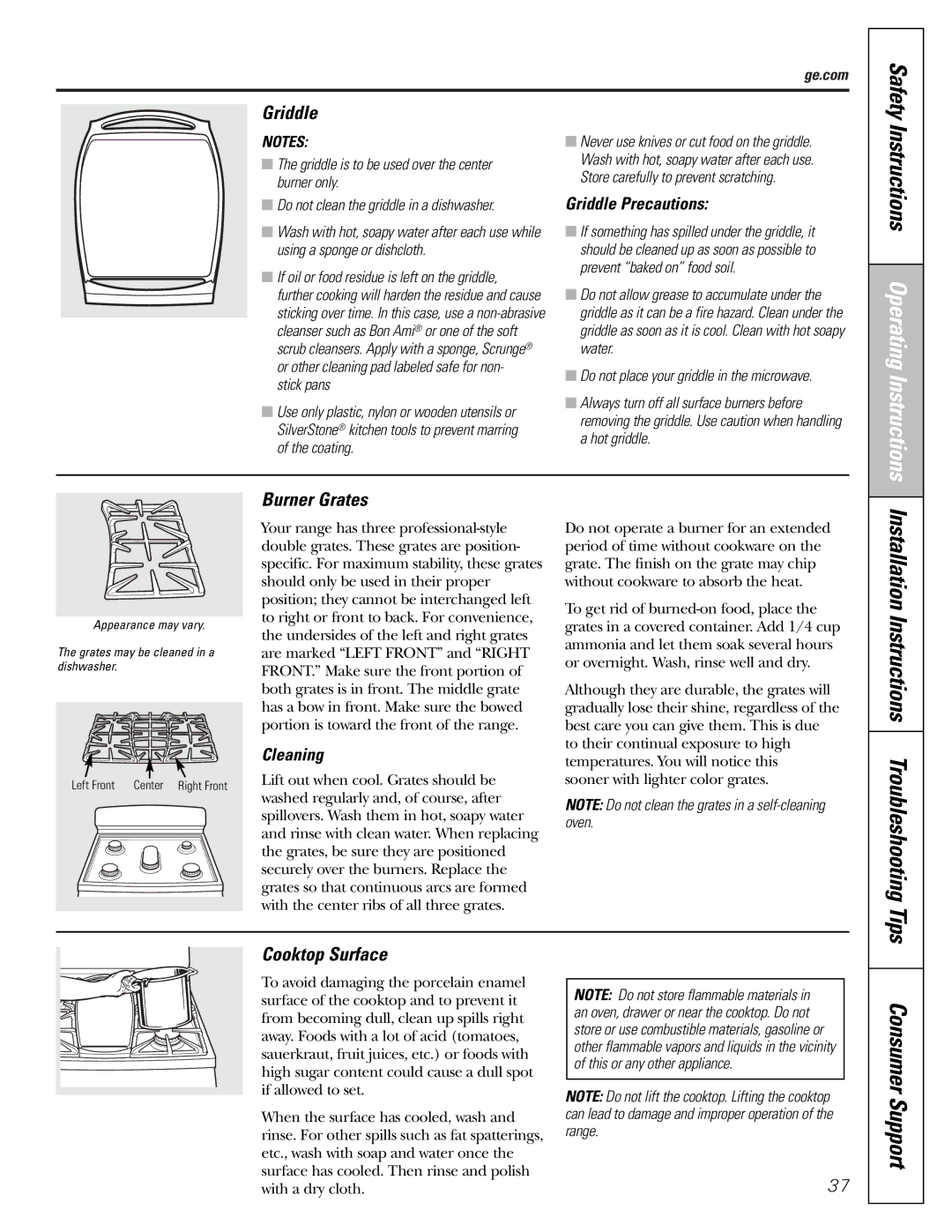 Mabe Canada JGBP86 Installation Instructions Troubleshooting Tips, Griddle, Burner Grates, Cooktop Surface 