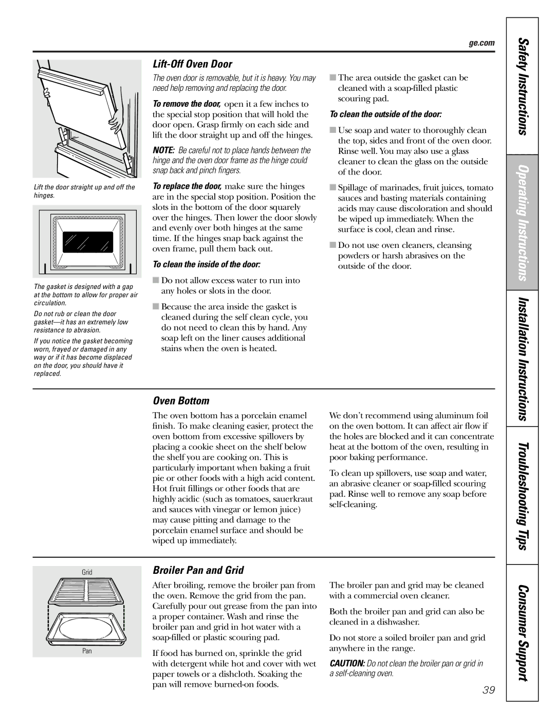 Mabe Canada JGBP86 installation instructions Troubleshooting Tips, Lift-Off Oven Door, Oven Bottom, Broiler Pan and Grid 