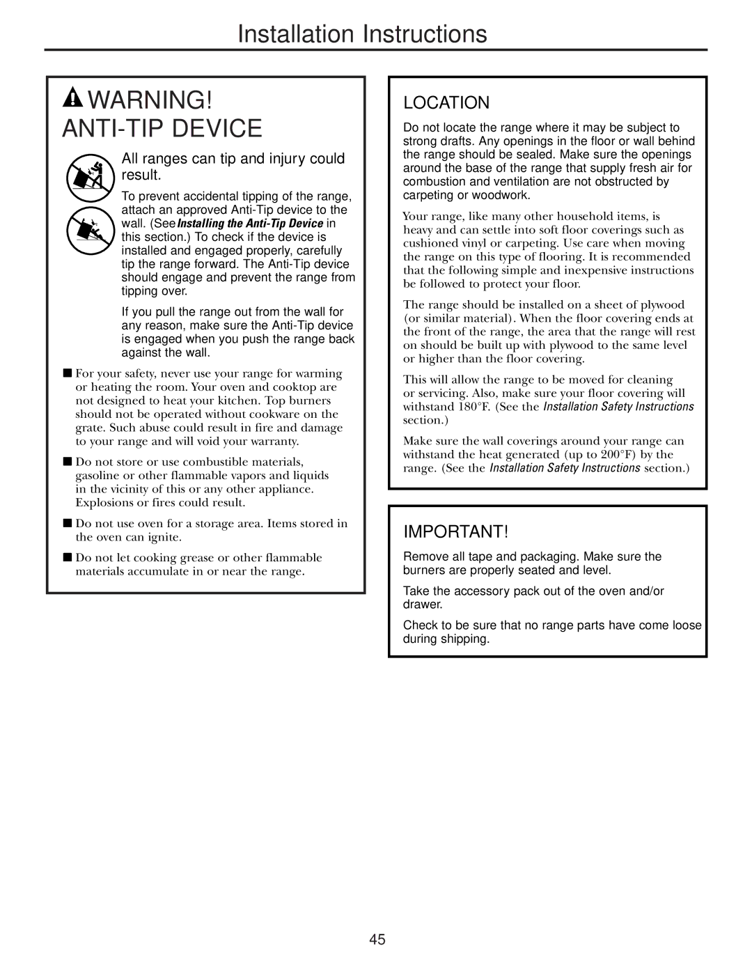 Mabe Canada JGBP86 installation instructions ANTI-TIP Device, Location 