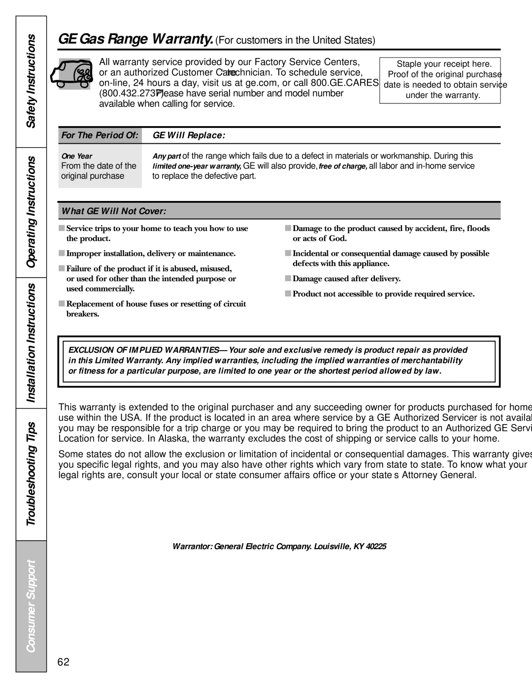 Mabe Canada JGBP86 Instructions Safety Instructions, Consumer Support Troubleshooting Tips Installation, GE Will Replace 