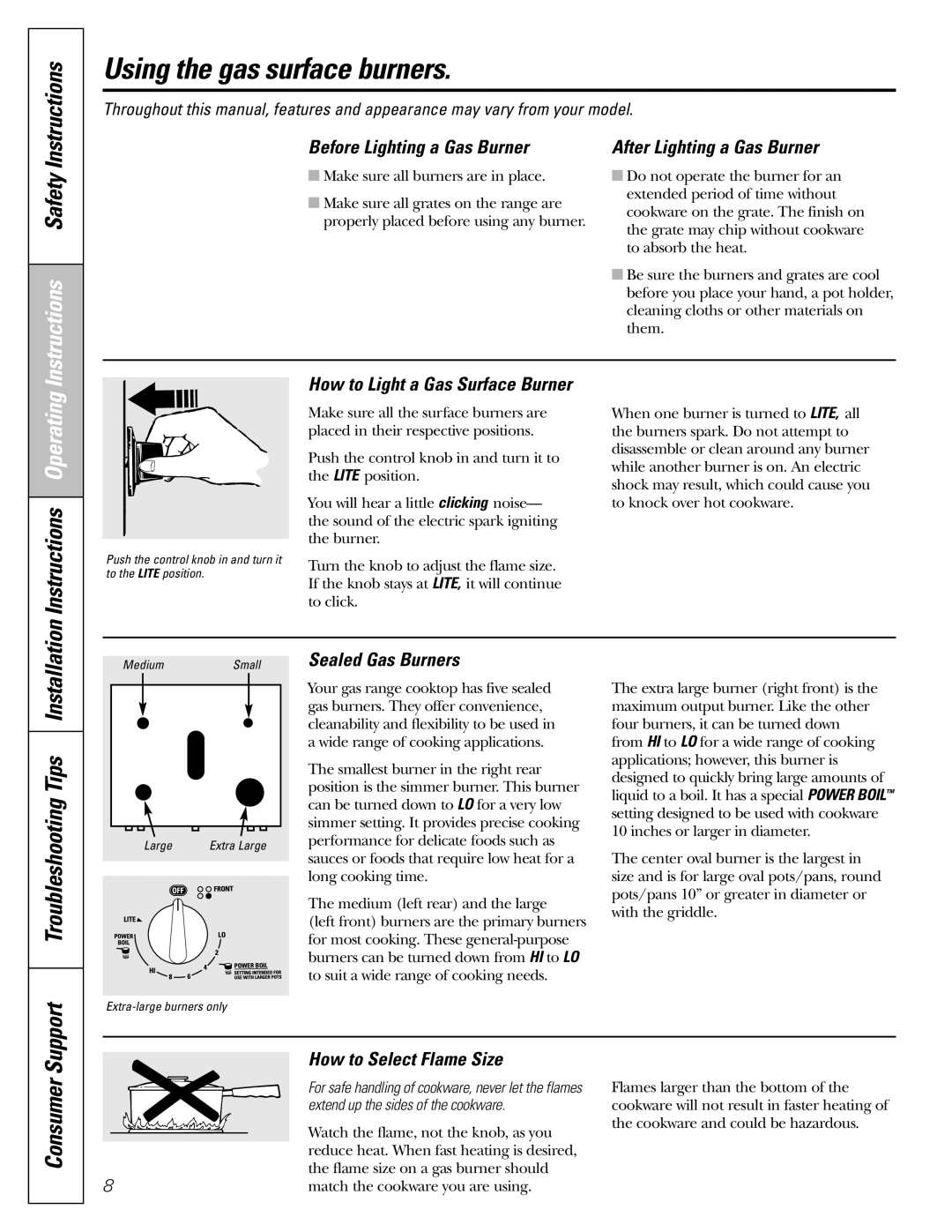 Mabe Canada JGBP86 Using the gas surface burners, Consumer, Instructions Operating, Troubleshooting Tips Installation 