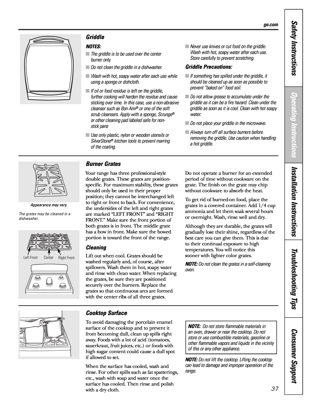 Mabe Canada JGBP86 Installation Instructions Troubleshooting Tips, Griddle, Burner Grates, Cooktop Surface, Safety 