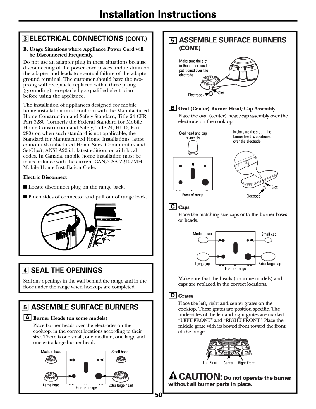 Mabe Canada JGBP86 installation instructions Assemble Surface Burners, Seal The Openings, Cont, Installation Instructions 