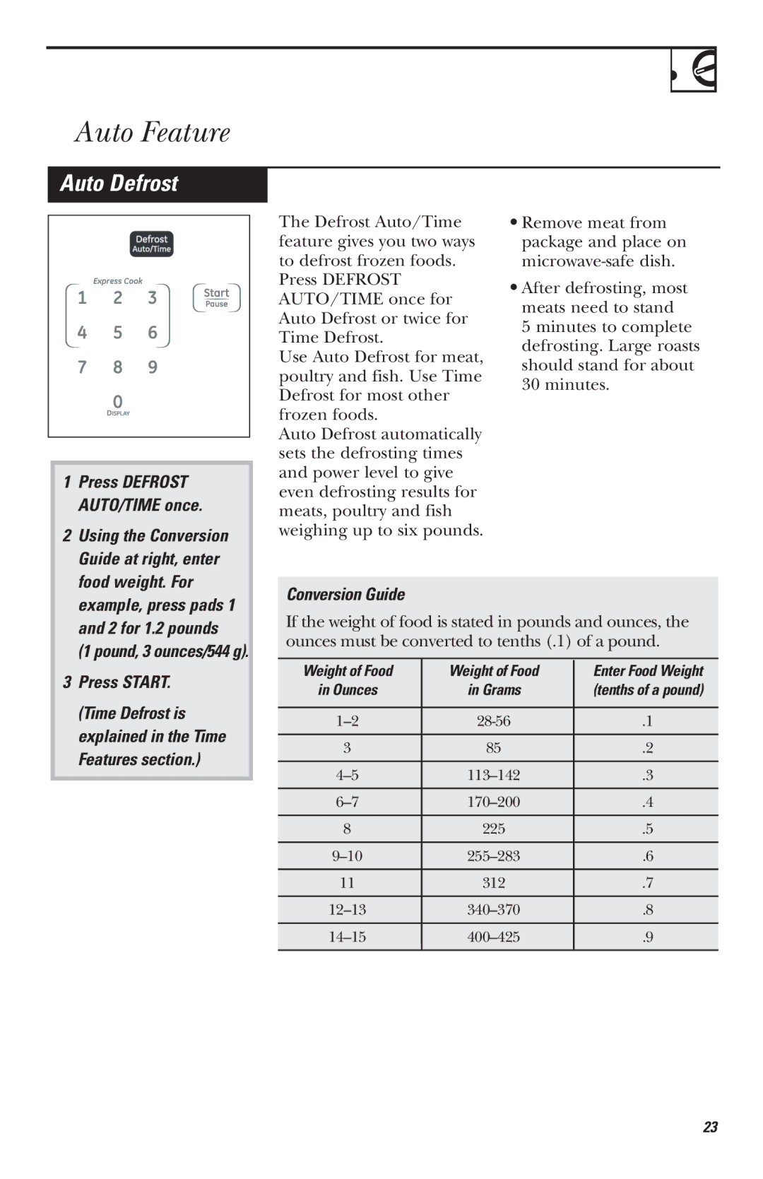 Mabe Canada JVM1620, JVM1635, JVM1625, JVM1630 owner manual Auto Feature, Auto Defrost 