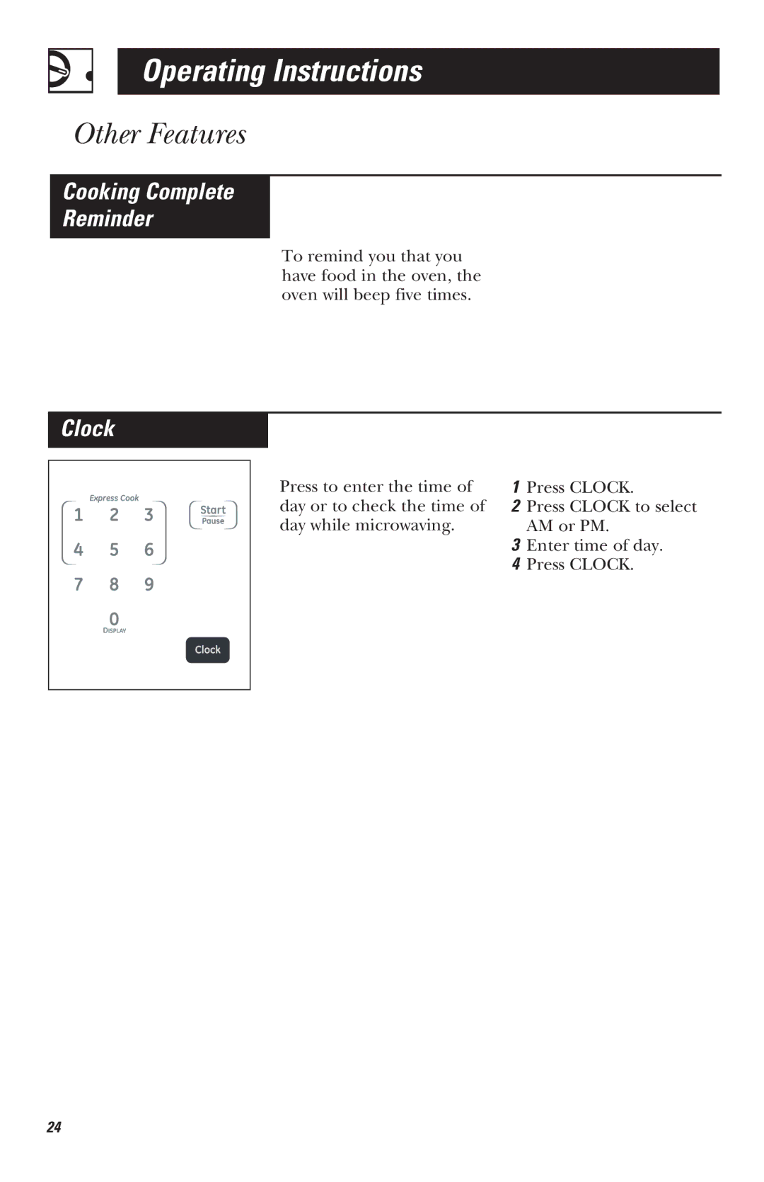 Mabe Canada JVM1635, JVM1625, JVM1630, JVM1620 owner manual Other Features, Cooking Complete Reminder, Clock 